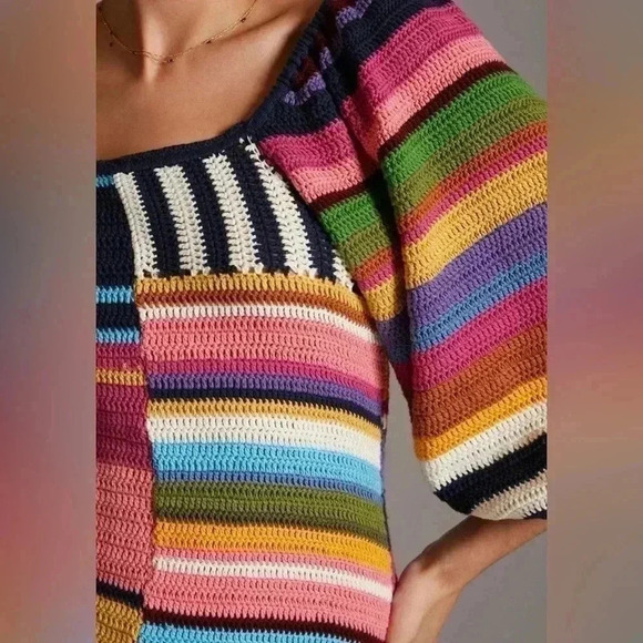 Anthropologie Farm Rio Stripe Mini Dress Crochet Knit Puff Sweater Chunky S $265 - Picture 5 of 12